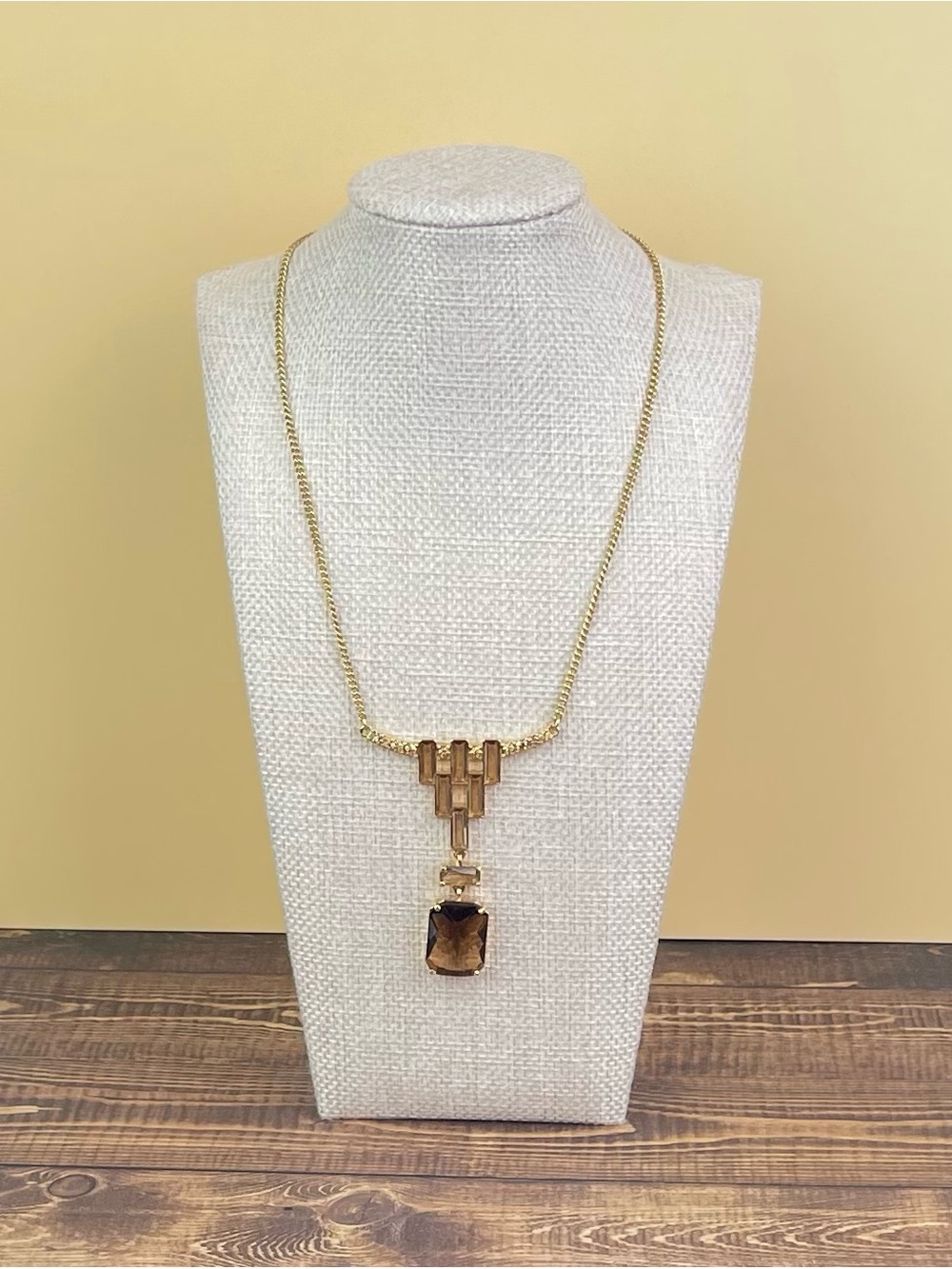 Carolee Gold-Tone Art Deco Pendant Necklace | Smokey Brown Glass Crystal